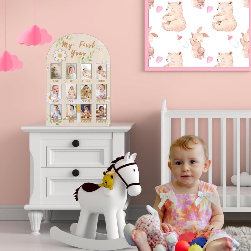 RANERVZ My First Year Photo Display Sign from 1-12 Months Wooden Daisy Flower Picture Frame for First Birthday Party Decorations Milestone Monthly Board for Girl One Birthday Nursery Decor Baby Keepsake Gift - Image 5